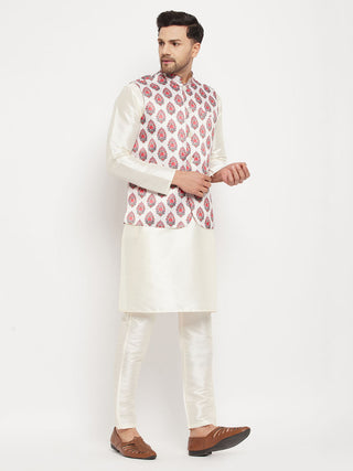 VM BY VASTRAMAY Men's White & Red Floral Printed Slim-Fit Satin Nehru Jacket