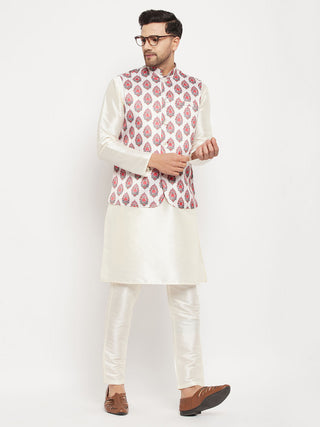 VM BY VASTRAMAY Men's Cream Printed Ethnic Jacket With Cream Silk Blend Kurta and Pant Style Pyjama Set
