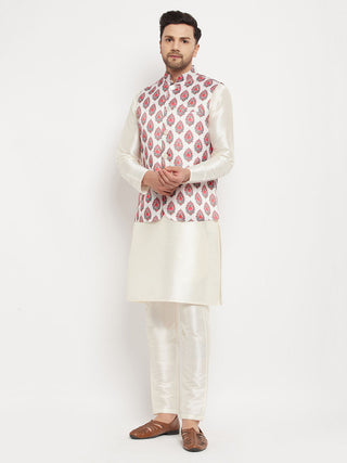 VM BY VASTRAMAY Men's Cream Printed Ethnic Jacket With Cream Silk Blend Kurta and Pant Style Pyjama Set