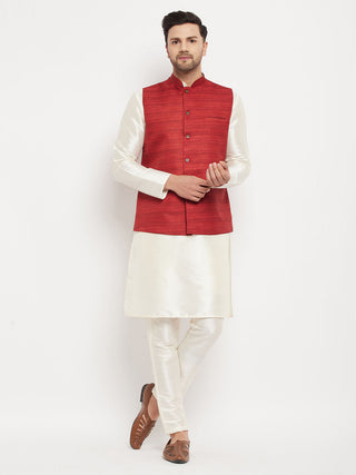 VM BY VASTRAMAY Men's Maroon Matka Silk Nehru Jacket With Cream Silk Blend Kurta and Pant style Pyjama Set
