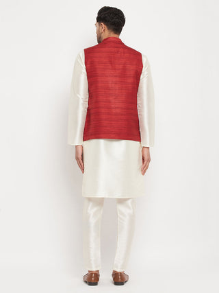 VM BY VASTRAMAY Men's Maroon Matka Silk Nehru Jacket With Cream Silk Blend Kurta and Pant style Pyjama Set