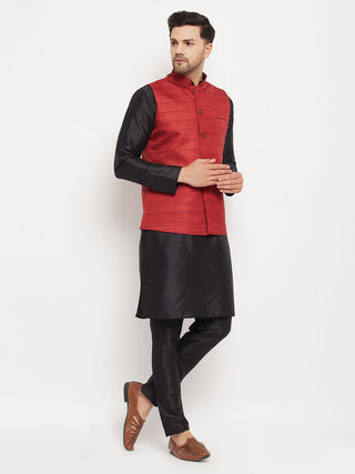 VM BY VASTRAMAY Men's Maroon Matka Silk Nehru Jacket With Black Silk Blend Kurta and Pant style Pyjama Set