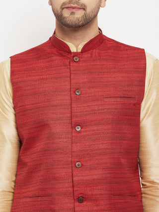 VM BY VASTRAMAY Men's Maroon Matka Silk Nehru Jacket With Gold Silk Blend Kurta and Pant style Pyjama Set
