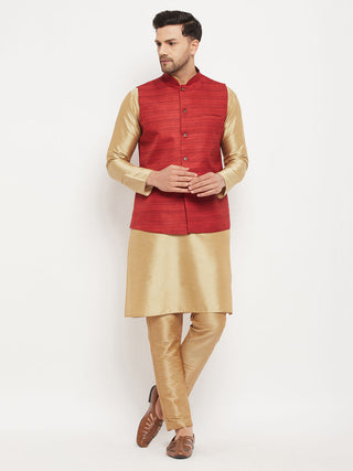 VM BY VASTRAMAY Men's Maroon Matka Silk Nehru Jacket With Rose Gold Silk Blend Kurta and Pant style Pyjama Set