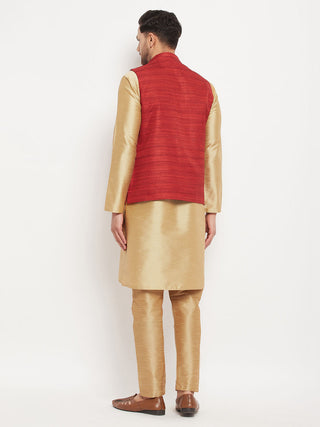 VM BY VASTRAMAY Men's Maroon Matka Silk Nehru Jacket With Rose Gold Silk Blend Kurta and Pant style Pyjama Set