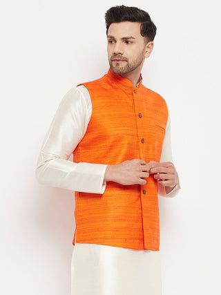 VM BY VASTRAMAY Men's Orange Silk Blend Nehru Jacket