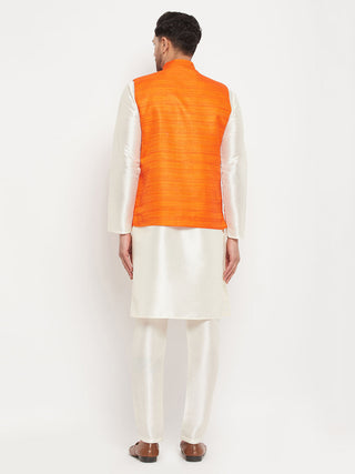 VM BY VASTRAMAY Men's Orange Matka Silk Nehru Jacket With Kurta and Pant style Pyjama Set