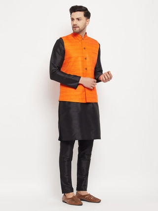 VM BY VASTRAMAY Men's Orange Matka Silk Nehru Jacket With Black Silk Blend Kurta and Pant style Pyjama Set