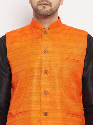 VM BY VASTRAMAY Men's Orange Matka Silk Nehru Jacket With Black Silk Blend Kurta and Pant style Pyjama Set
