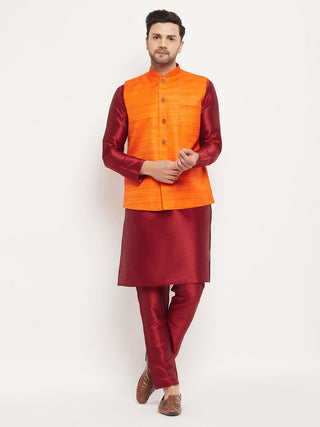 VM BY VASTRAMAY Men's Orange Matka Silk Nehru Jacket With Maroon Silk Blend Kurta and Pant style Pyjama Set