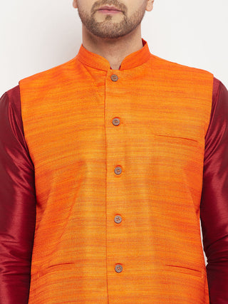 VM BY VASTRAMAY Men's Orange Matka Silk Nehru Jacket With Maroon Silk Blend Kurta and Pant style Pyjama Set