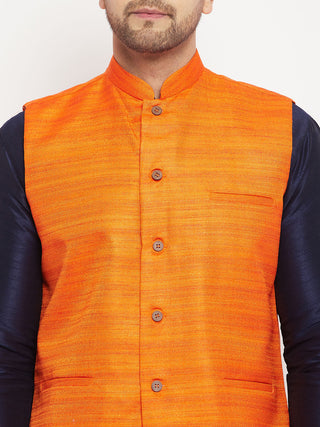 VM BY VASTRAMAY Men's Orange Matka Silk Nehru Jacket With Navy Blue Silk Blend Kurta and Pant style Pyjama Set