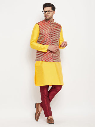 VM BY VASTRAMAY Men's Maroon Woven Ethnic Jacket, Yellow Kurta and Maroon Pant Style Pyjama Set
