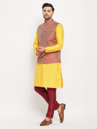 VM BY VASTRAMAY Men's Maroon Woven Ethnic Jacket, Yellow Kurta and Maroon Pant Style Pyjama Set