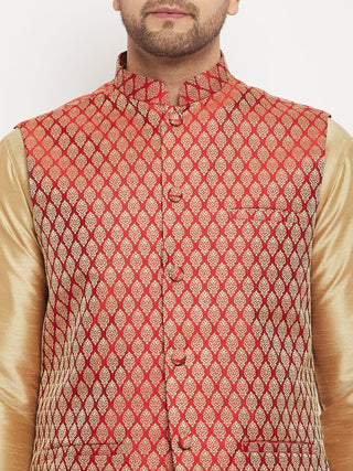 VM BY VASTRAMAY Men's Rose Gold Silk Blend Kurta And Pant Style Pyjama With Maroon Woven Nehru Jacket