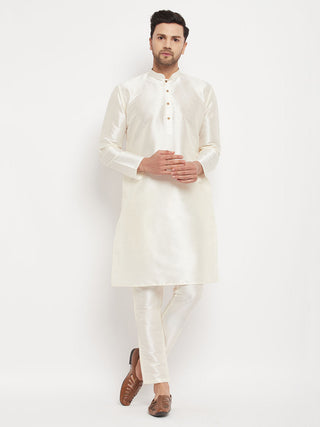 VM BY VASTRAMAY Men's Cream Cotton Silk Blend Kurta and Pant Style Pyjama Set