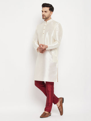 VM BY VASTRAMAY Men's Cream Cotton Silk Blend Kurta and Maroon Pant Style Pyjama Set
