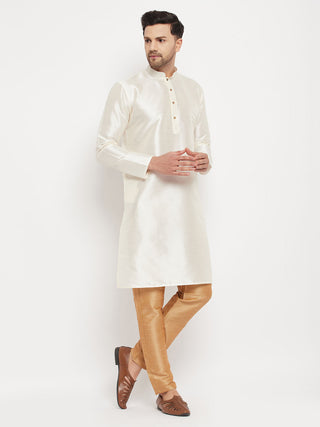 VM BY VASTRAMAY Men's Cream Cotton Silk Blend Kurta and Rose Gold Pant Style Pyjama Set