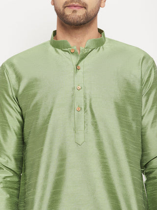 VM BY VASTRAMAY Men's Light Green Cotton Silk Blend Kurta