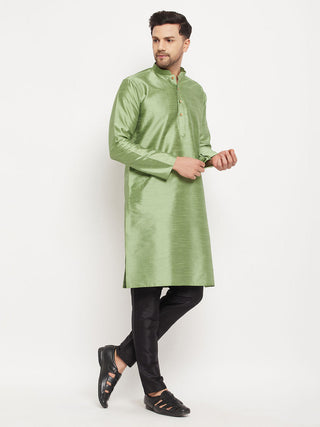 VM BY Men's Light Green Cotton Silk Blend Kurta and Black Pant Style Pyjama Set