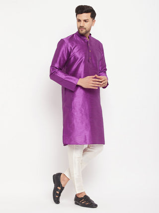 VM BY VASTRAMAY Men's Purple Cotton Silk Blend Kurta and Cream Pant Style Pyjama Set