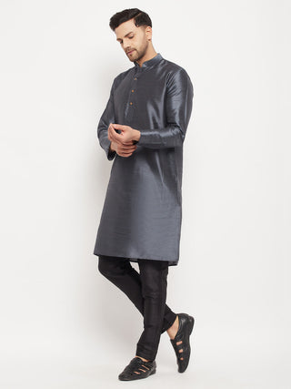 VM BY VASTRAMAY Men's Grey Cotton Silk Blend Kurta and Black Pant Style Pyjama Set
