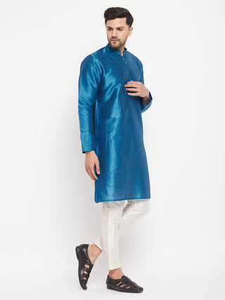 VM BY VASTRAMAY Men's Turquoise Blue Cotton Silk Blend Kurta and Pant Style Pyjama Set
