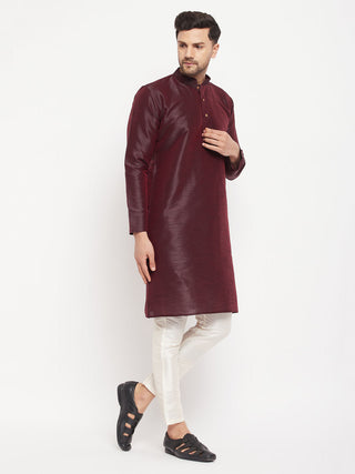VM BY VASTRAMAY Men's Burgundy Silk Blend Kurta and Cream Pant Style Pyjama Set