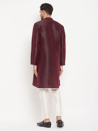 VM BY VASTRAMAY Men's Burgundy Silk Blend Kurta and Cream Pant Style Pyjama Set