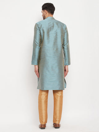 VM BY VASTRAMAY Men's Aqua Blue Silk Blend Kurta and Rose Gold Pant Style Pyjama Set