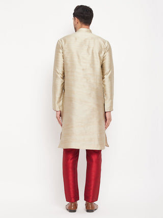 VM BY VASTRAMAY Men's Beige Silk Blend Kurta and Maroon Pant Style Pyjama Set