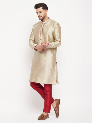 VM BY VASTRAMAY Men's Beige Silk Blend Kurta and Maroon Pant Style Pyjama Set