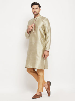 VM BY VASTRAMAY Men's Beige Silk Blend Kurta and Rose Gold Pant Style Pyjama Set