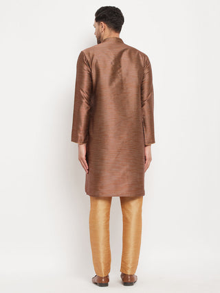 VM BY VASTRAMAY Men's Maroon Silk Blend Kurta and Rose Gold Pant Style Pyjama Set
