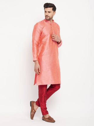 VM BY VASTRAMAY Men's Pink Silk Blend Kurta and Maroon Pant Style Pyjama Set
