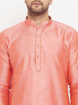 VM BY VASTRAMAY Men's Pink Silk Blend Kurta and Maroon Pant Style Pyjama Set