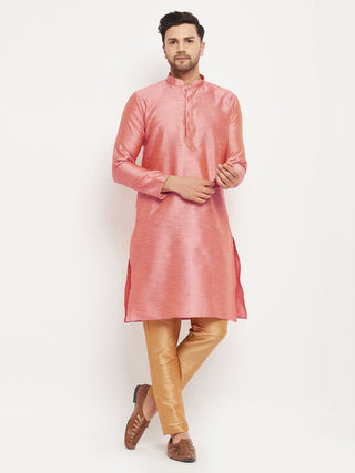 VM BY VASTRAMAY Men's Pink Silk Blend Kurta and Rose Gold Pant Style Pyjama Set