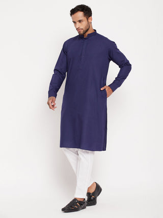VM By VASTRAMAY Men's Blue Cotton Blend Kurta and White Pnt Style Pyjama Set
