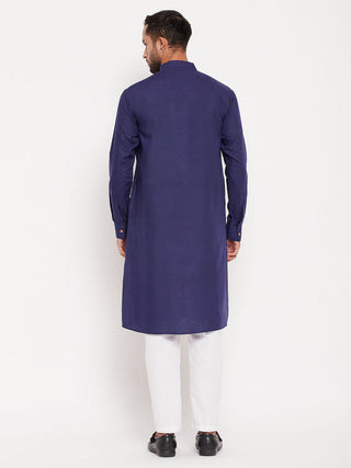 VM By VASTRAMAY Men's Blue Cotton Blend Kurta and White Pnt Style Pyjama Set