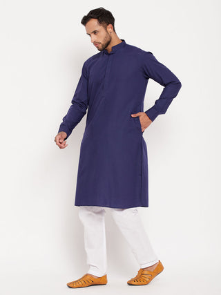 VM BY VASTRAMAY Men's Blue Cotton Blend Kurta and White Pyjama Set