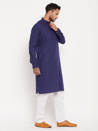 VM BY VASTRAMAY Men's Blue Cotton Blend Kurta and White Pyjama Set