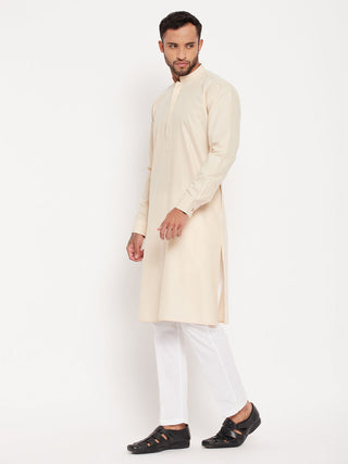 VM By VASTRAMAY Men's Cream Cotton Blend Kurta and White Pant Style Pyjama Set
