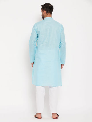 VM By VASTRAMAY Men's Aqua Blue Kurta And White Pant Style Pyjama Set