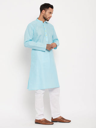 VM BY VASTRAMAY Men's Aqua Blue Kurta And White Pyjama Set