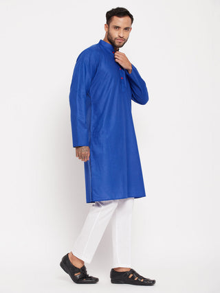 VM By VASTRAMAY Men's Blue Kurta And White Pant Style Pyjama Set