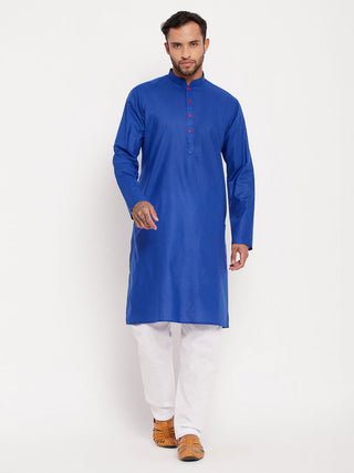 VM BY VASTRAMAY Men's Blue Cotton Kurta And White Pyjama Set