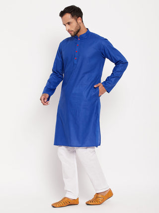 VM BY VASTRAMAY Men's Blue Cotton Kurta And White Pyjama Set