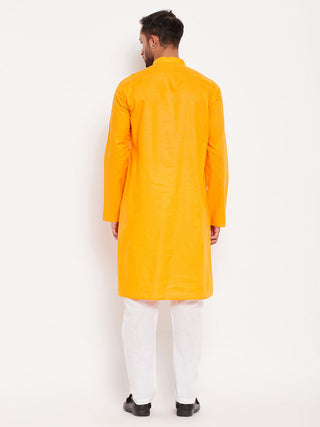 VM BY VASTRAMAY Men's Orange Cotton Kurta And White Pyjama Set