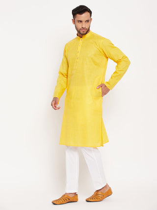 VM By VASTRAMAY Men's Yellow Kurta And White Pant Style Pyjama Set