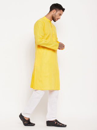 VM BY VASTRAMAY Men's Yellow Cotton Kurta And White Pyjama Set